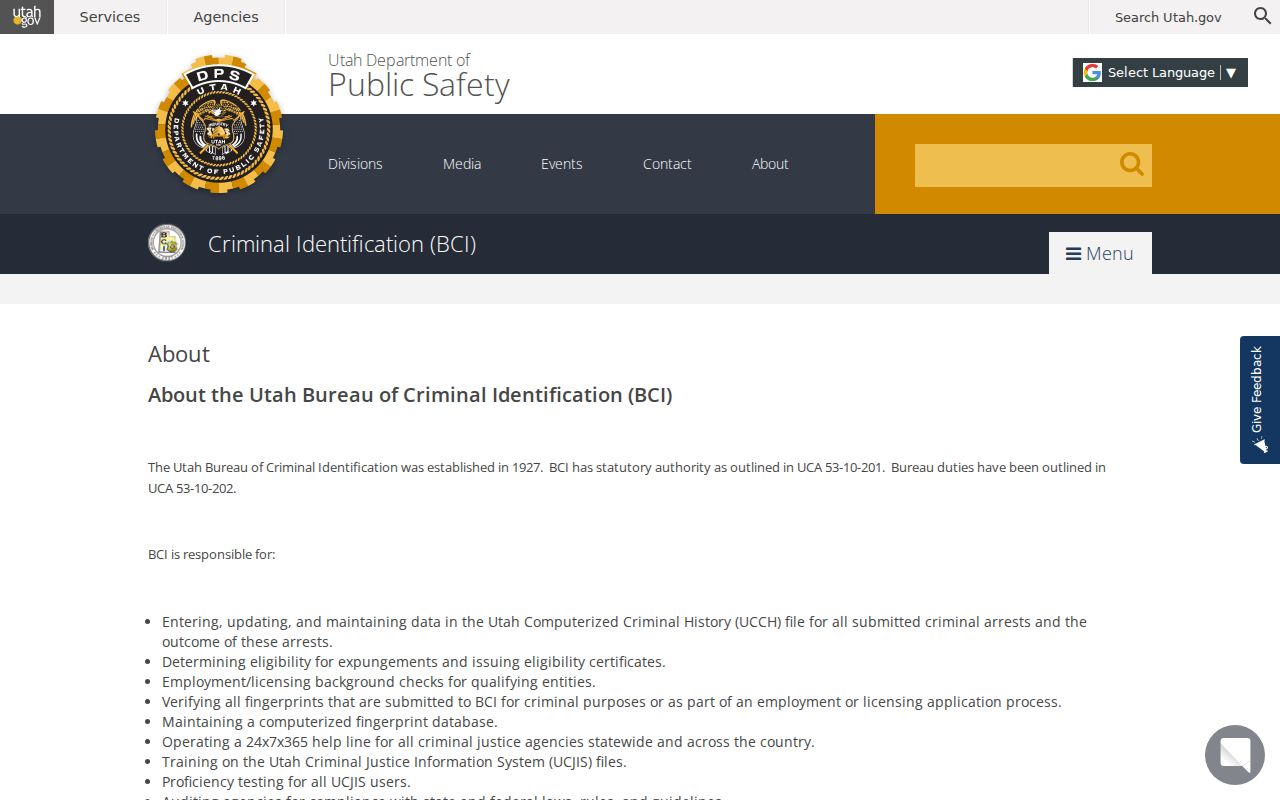 Tooele County criminal history BCI system overview