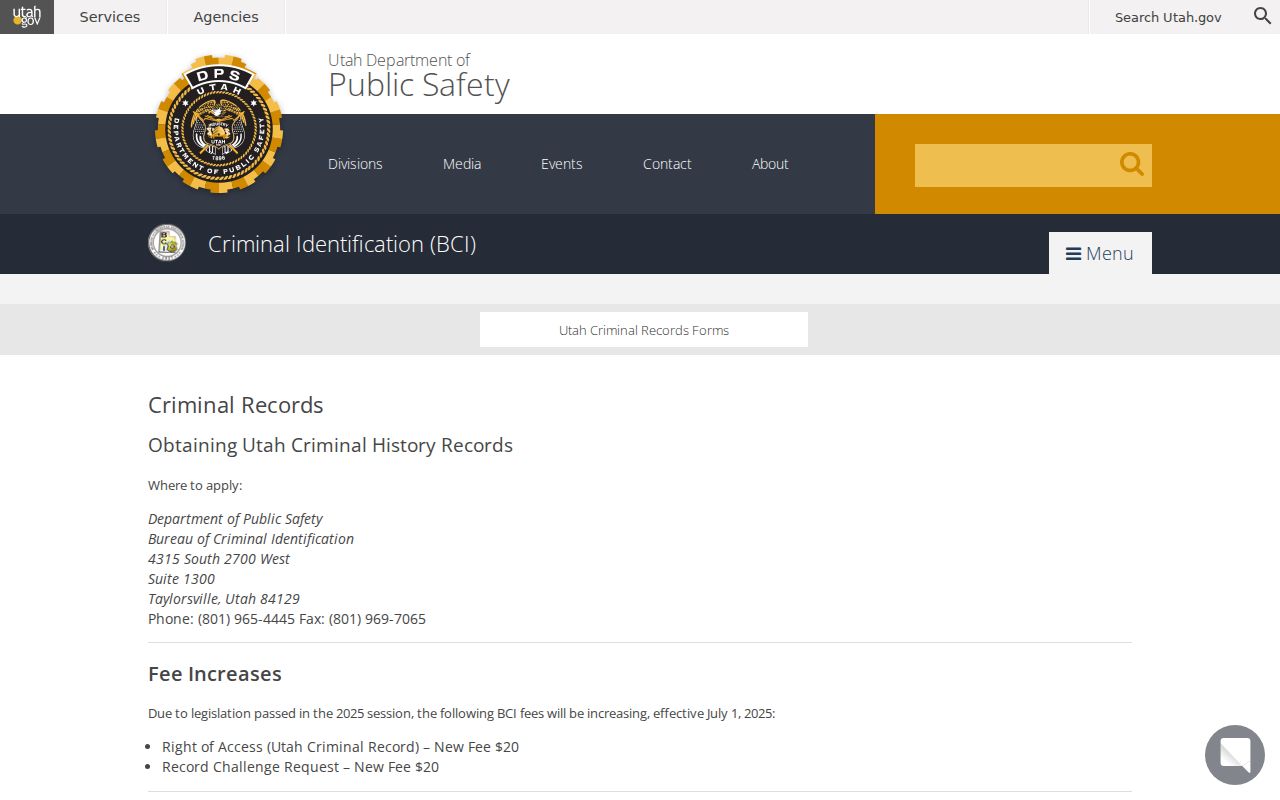 Tooele County criminal history BCI Right of Access page